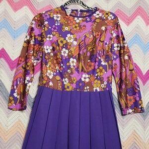 Vintage purple floral and peacocks pleated long sleeve dress